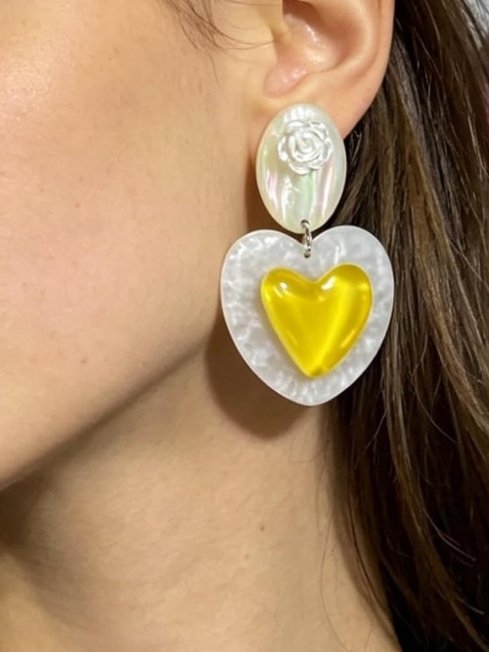 White Heart Drop Earrings with Yellow Heart Accent - Picture 2 of 6